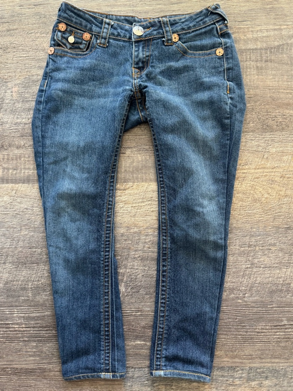 True Religion Jeans Women 26 Low Rise Cropped Rope Stitch Blue Denim Y2K
